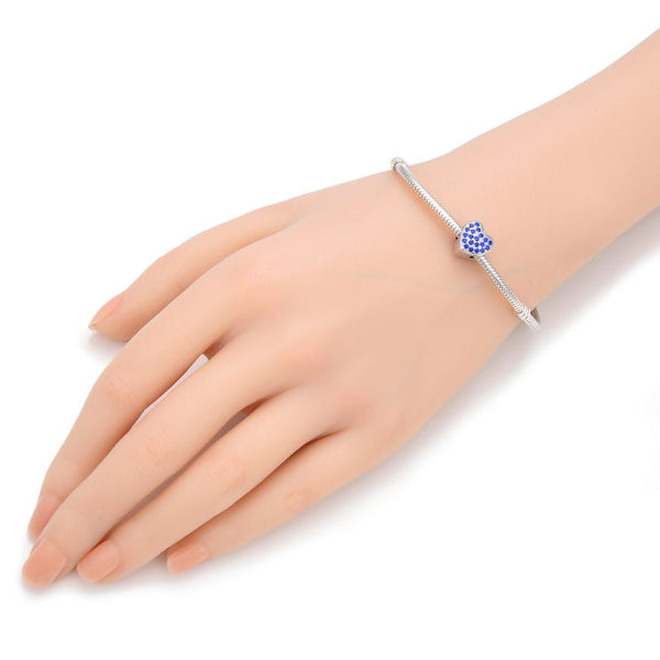 1pc 925 Sterling Silver Love Heart September Birthstone Bead Charm, Blue Sapphire Cubic Zirconia CZ, 10mm, Hole ID 4.5mm, EC1-L9