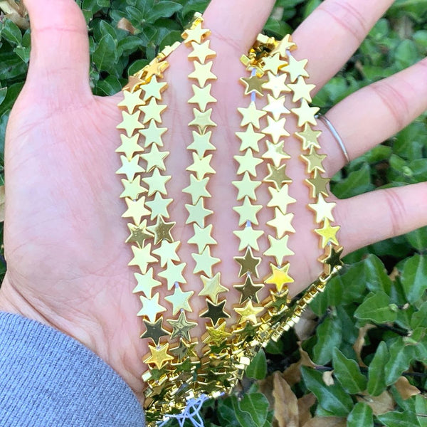 Grade A Natural Hematite Gemstone Star Beads, Gold Plated, 15 Inch/1 Strand, 8mm, Hole ID 1mm, GFC-G3