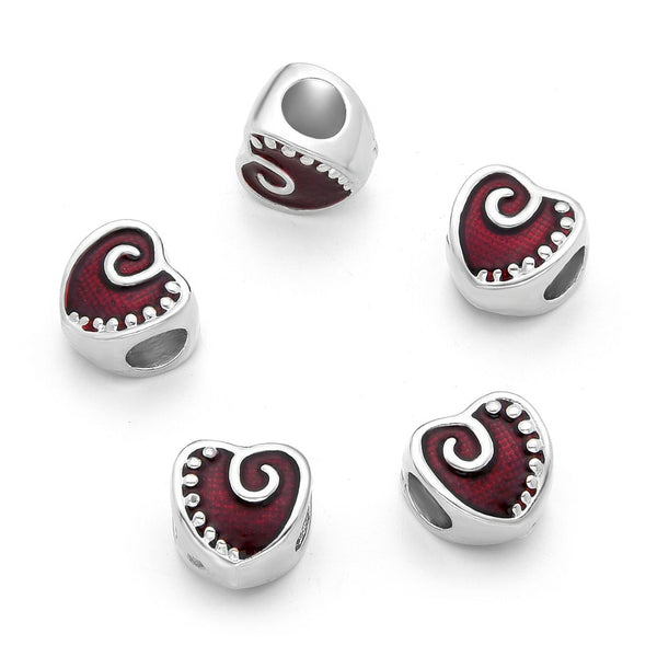 20pcs Love Heart Red Enamel Large Hole Beads, Hole ID 4.5mm, Antique Silver, Zinc Alloy Metal, MEC-B10