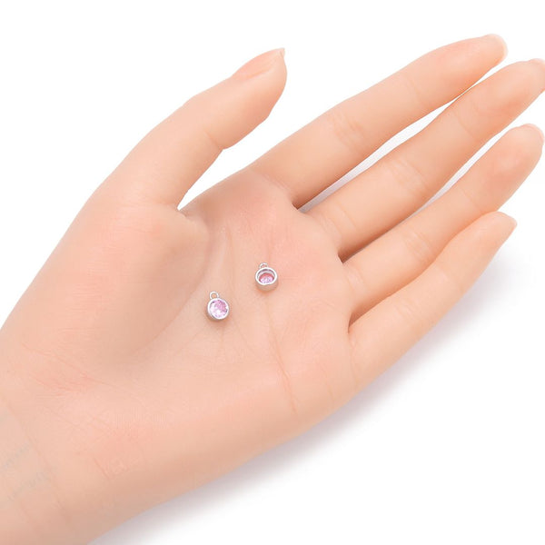 2pcs 925 Sterling Silver 6mm October Birthstone Charm Drop Pendants, Tarnish Resistant, Pink Tourmaline Cubic Zirconia Gemstone, SXP8-10