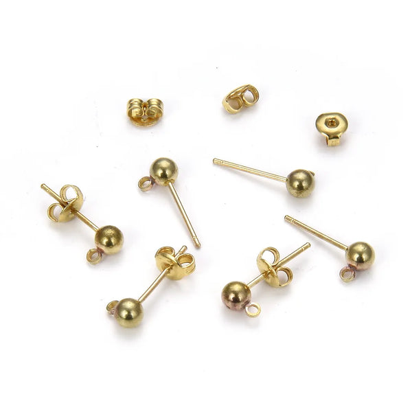 50pcs Raw Brass Ball Earring Posts, Closed Ring, 50pcs Earring Backs, Unplated/Uncoated, Ball Size Selections: 3mm/3.5mm/4mm/5mm