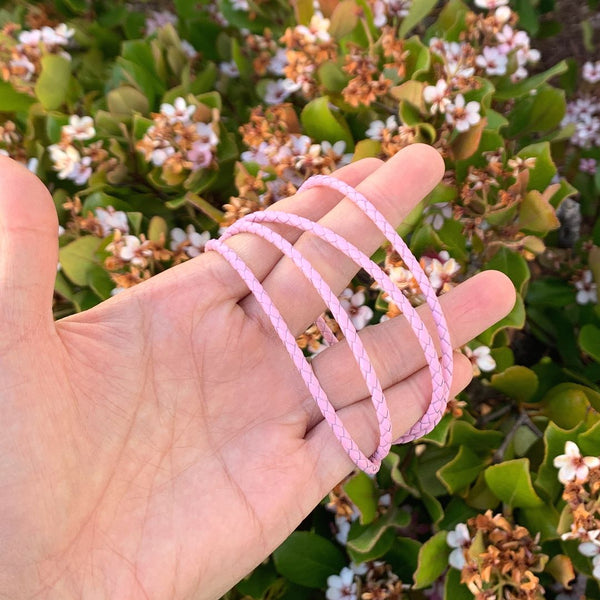 1pc Braided Pink Leather Cord Necklace, Sterling Silver Clasp, 3mm Diameter, Length Selections: 7 inch/7.5 inch/8 inch