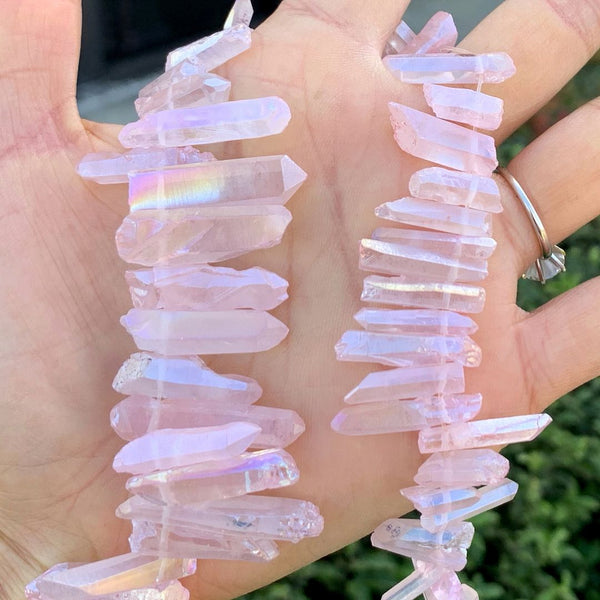 1 Strand Natural Raw Crystal Quartz Gemstone Beads, Small Drilled Stone Points, Rose Pink AB Titanium Coated Stone Stick, 15 Inch, GA8