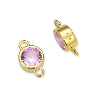 2pcs 925 Sterling Silver 4mm Tiny October Birthstone Links, Real 18K Yellow Gold Plated, Pink Tourmaline Cubic Zirconia Gemstone Connector, SXP5-10