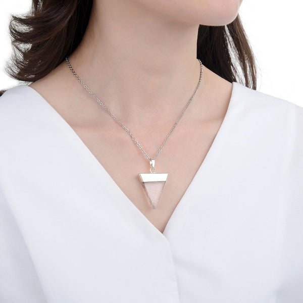1pc Natural White Quartz Clear Crystal Triangle Gemstone Pendant Necklace, 18 Inch Surgical Stainless Steel Chain, GGP-A3
