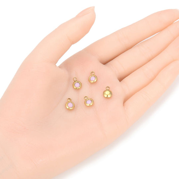 10pcs Grade A October Pink Opal Birthstone Charm Drops, 18K Yellow Gold Plated Stainless Steel, Tarnish Resistant, 6mm, CCP33-10