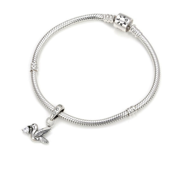 1pc 925 Sterling Silver Bird Charm, Freedom Lover April Birthstone Charm Drop, Diamond Clear Cubic Zirconia CZ, 20mm Long, Hole ID 4.5mm, EC1-D4