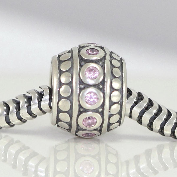 1pc 925 Sterling Silver Round October Birthstone Bead Charm, Pink Tourmaline Cubic Zirconia CZ, 10x8mm, Hole ID 4.5mm, EC1-F10
