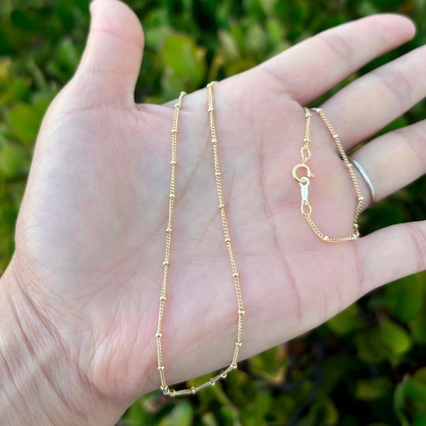 1pc 1/20 14K Gold Filled Satellite Bead Station Curb Link Chain Necklace, Thin Small, 1.9mm Beads, Non Tarnish, Length Selections: 16 inch/18 inch/20 inch