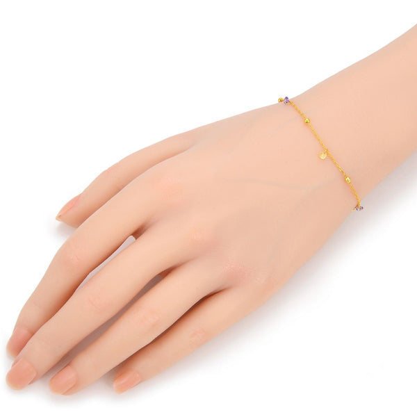 1pc 925 Sterling Silver 2.5mm Bead Station Cable Chain Bracelet with CZ Gemstone Drops, Real 18K Yellow Gold Plated, Length Selections: 7 inch/7.5 inch