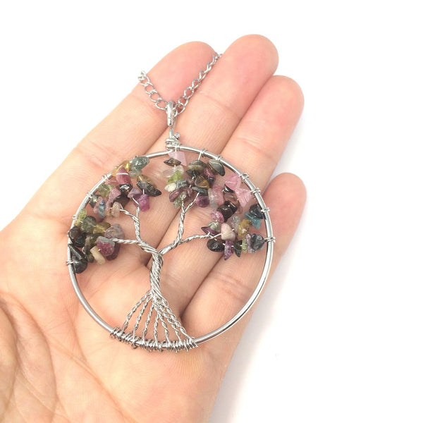 1pc Tree of Life Prosperity Necklace, Natural Tourmaline Gemstone Pendant, 26 inch Surgical Stainless Steel Chain, GGP9-3