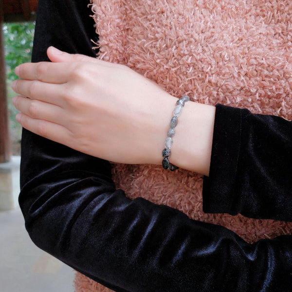 1 Strand Stretch Natural Grade A Black Quartz Rutilated Free Form Gemstone Bracelet, 5-8mm Small Beads, Length Selections: 7 inch/7.5 inch