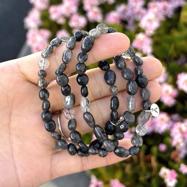 1 Strand Stretch Natural Grade A Black Quartz Rutilated Free Form Gemstone Bracelet, 5-8mm Small Beads, Length Selections: 7 inch/7.5 inch