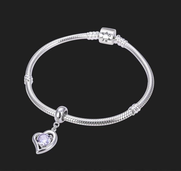 1pc 925 Sterling Silver Love Heart June Birthstone Charm Drop, Light Purple Alexandrite Cubic Zirconia CZ, 26mm (1 inch) Long, Hole ID 4.5mm, EC1-E6