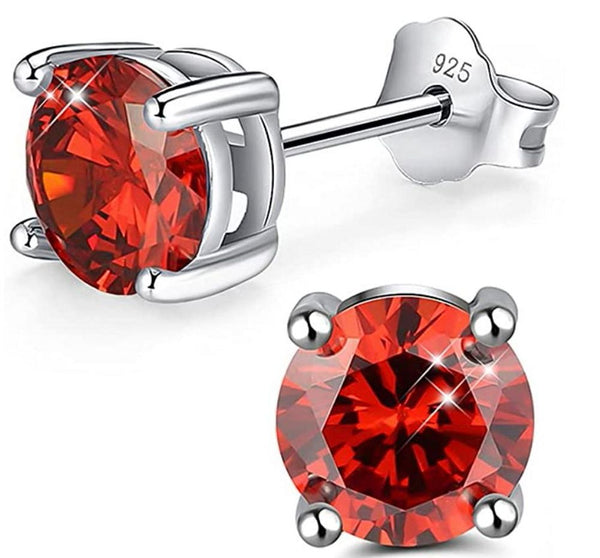 1 Pair 925 Sterling Silver January Birthstone Round Cut Stud Earrings, 8mm/2 Carat Cubic Zirconia CZ Garnet Stone, SSE49-1