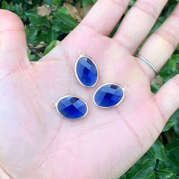 10pcs Grade A September Sapphire Blue Oval Birthstone Charm Drops, 18K Yellow Gold Plated Brass, 18x13mm, CCP6-G9