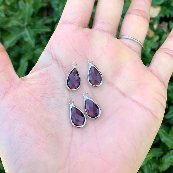 10pcs Grade A February Amethyst Teardrop Birthstone Charm Drop, Sterling Silver Plated Brass, Size Selections: 11x7mm, 14x8mm, 16x9mm