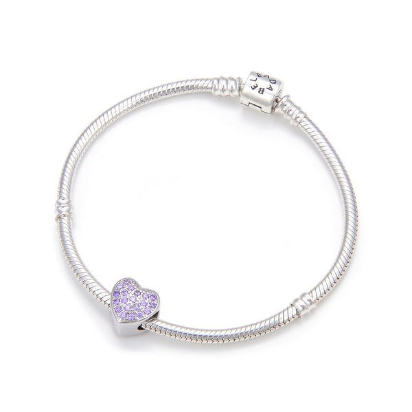 1pc 925 Sterling Silver Love Heart February Birthstone Bead Charm, Purple Amethyst Cubic Zirconia CZ, 10mm, Hole ID 4.5mm, EC1-L2