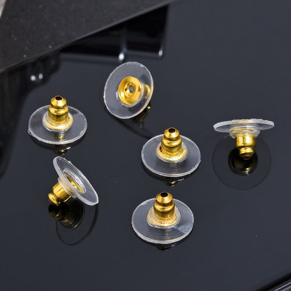 100pcs Earring Backs, Clear Plastic Pad Earnut Replacement, 18K Yellow Gold Plated Brass, 10mm, CF230-2