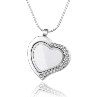 1pc Living Memory Floating Locket Necklace, 30mm Cubic Zirconia CZ Diamond Heart Pendant, 28 Inch Stainless Steel Chain, MCL283