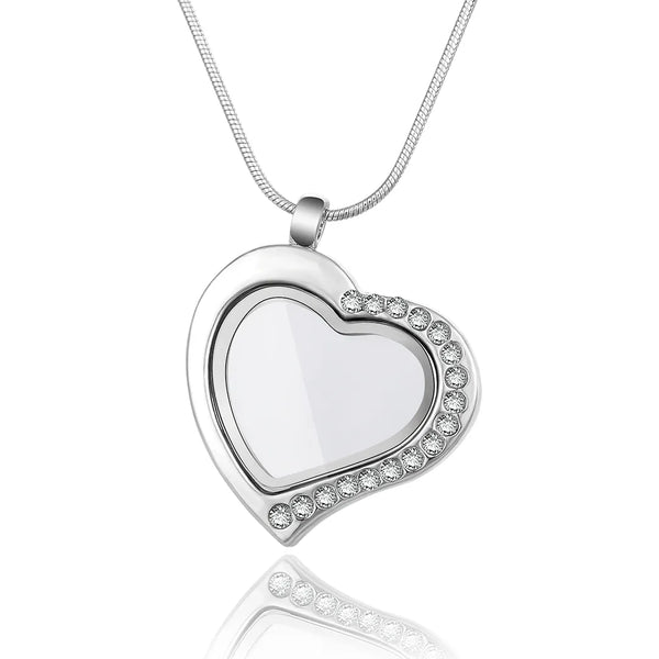 1pc Living Memory Floating Locket Necklace, 30mm Cubic Zirconia CZ Diamond Heart Pendant, 28 Inch Stainless Steel Chain, MCL283