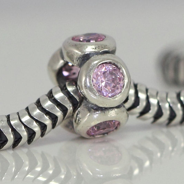 1pc Real 925 Sterling Silver Charm, October Birthstone Spacer Bead, Cubic Zirconia CZ Diamond Pink Tourmaline Gemstone, Compatible with Pandora all Other Charm Bracelets, EC302