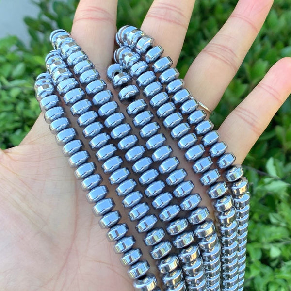 Grade A Natural Hematite Gemstone Rondelle Beads, White Gold Plated, 1 Strand/15 Inch, 8x6mm, Hole ID 1mm, GFC9-4