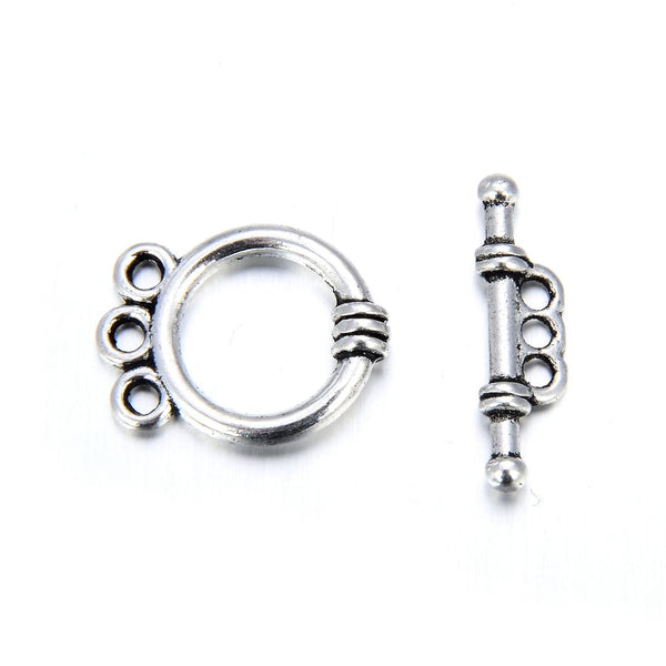 Adabele 20 Sets Round Toggle Clasp, 3 Rings Multiple Strands T-Bar Jewelry Closure, 17.7mm, Antique Silver, MC-AF8