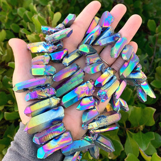 1 Strand Natural Raw Crystal Quartz Gemstone Beads, Large Drilled Stone Points, Rainbow AB Titanium Coated Gem Stick, 15 Inch, GA-E5