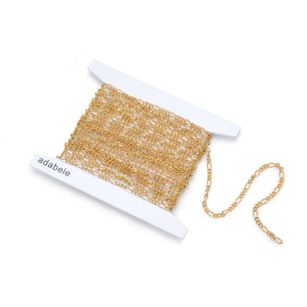 16.5 Feet Tarnish Resistant Diamond Cut Figaro Chain Link, 24K Yellow Gold Plated, Long Lasting, Size Selections: 2mm/2.5mm