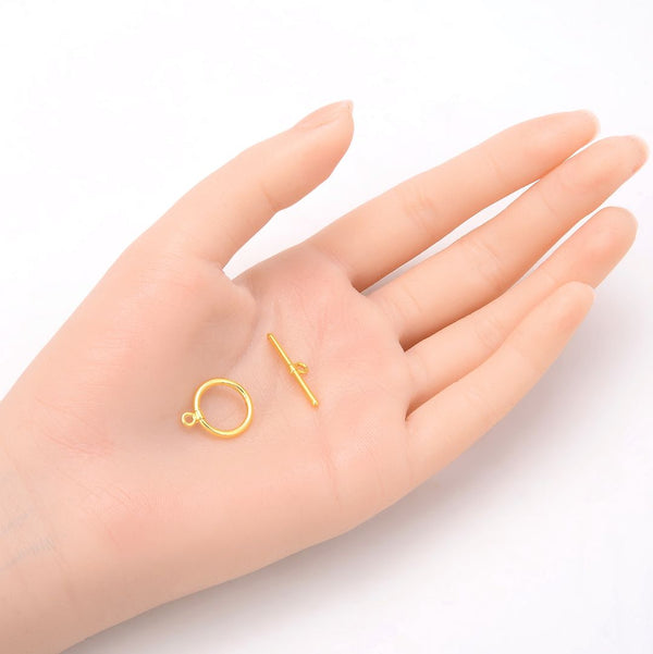 5 Sets Tarnish Resistant Round Toggle Clasps, 18K Yellow Gold Plated Brass, 14mm, BF181-2
