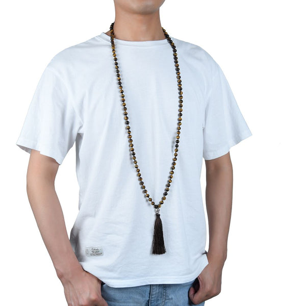 Adabele Premium 108 Mala Bead Tassel Necklace, 8mm Natural Golden Yellow Tiger Eye Gemstone, Tibetan Buddhist Japa Prayer Beaded Jewelry RGN7