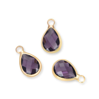 10pcs Grade A February Amethyst Teardrop Birthstone Charm Drop, 18K Yellow Gold Plated Brass, Size Selections: 11x7mm, 14x8mm, 16x9mm