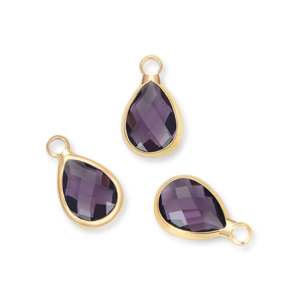 10pcs Grade A February Amethyst Teardrop Birthstone Charm Drop, 18K Yellow Gold Plated Brass, Size Selections: 11x7mm, 14x8mm, 16x9mm