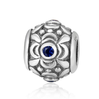 1pc 925 Sterling Silver Round Flower Pattern September Birthstone Bead Charm, Blue Sapphire Cubic Zirconia CZ, 11.2x9.5mm, Hole ID 4.5mm, EC1-G9