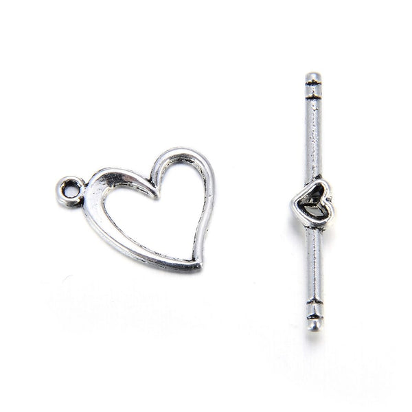 Adabele 20 Sets Heart Shape Toggle Clasp, T-Bar Jewelry Closure, 14.5mm (0.57 Inch), Antique Silver, MC-AF7