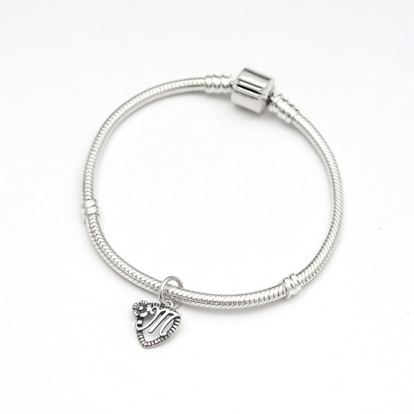 1pc Solid Sterling Silver Letter M Initial Flower Heart Alphabet Name Charm, Compatible with Pandora all Other Charm Bracelets, EC663