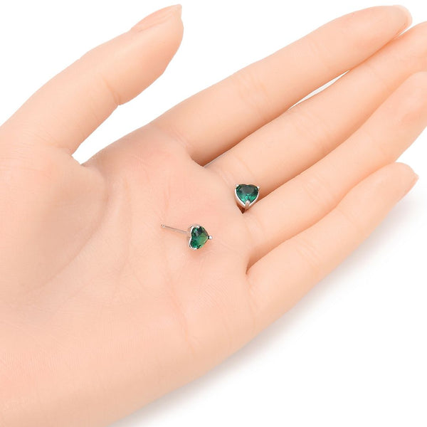 1 Pair 925 Sterling Silver May Love Heart Birthstone Stud Earrings, 6mm/0.84 Carat Cubic Zirconia CZ Green Emerald Stone, SSE79-5