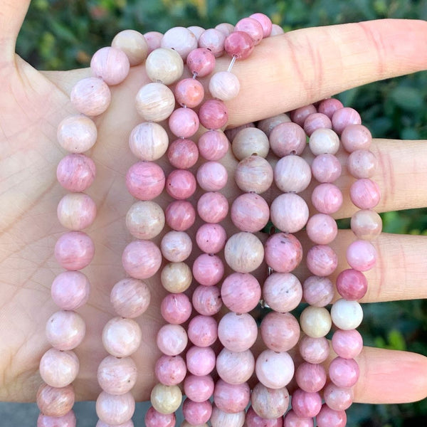 Natural Pink Rhodonite Gemstone Round Beads, 1 Strand/15 Inch, Size Selections: 4mm/6mm/8mm/10mm