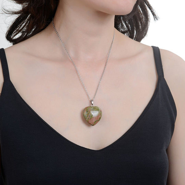 1pc You Are My Only Love Necklace, Natural Unakite Jasper Gemstone Large Heart Pendant, 18 Inch Surgical Stainless Steel Chain, GGP8-6