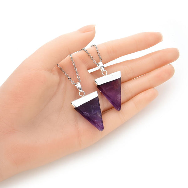 1pc Natural Purple Amethyst Crystal Triangle Gemstone Pendant Necklace, 18 Inch Surgical Stainless Steel Chain, GGP-A7