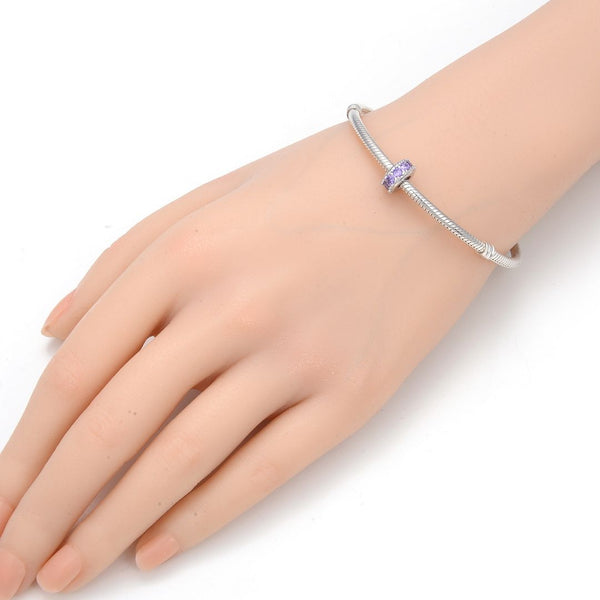 1pc 925 Sterling Silver February Birthstone Bead Charm, Purple Amethyst Cubic Zirconia CZ, 9.5x5mm, Hole ID 4.5mm, EC1-C2