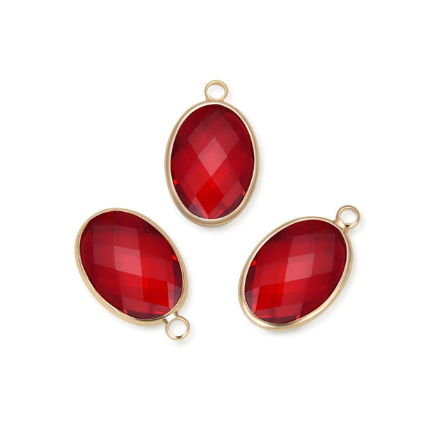 10pcs Grade A January Siam Red Oval Birthstone Charm Drops, 18K Yellow Gold Plated Brass, 18x13mm, CCP6-G1
