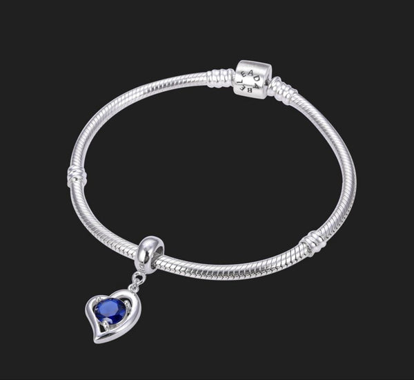 1pc 925 Sterling Silver Love Heart September Birthstone Charm Drop, Blue Sapphire Cubic Zirconia CZ, 26mm (1 inch) Long, Hole ID 4.5mm, EC1-E9