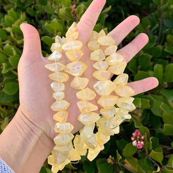 Natural Raw Crystal Quartz Nugget Drilled Gemstone Beads, Topaz Yellow AB Titanium Coated Stone Nuggets, 15 Inch, GA-B11