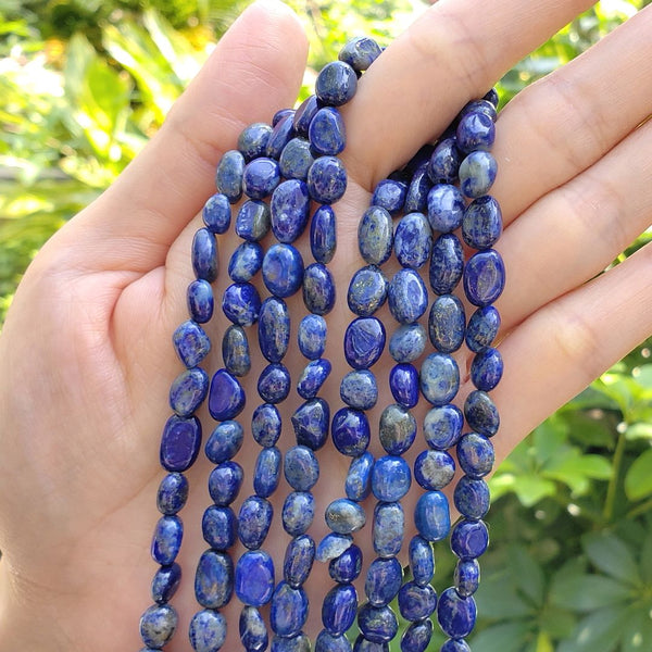 Natural Blue Lapis Lazuli Crystals Gemstone Oval Tumbled Pebble Beads, Irregular, 6mm to 8mm, Hole ID 1mm, 15 Inch/1 Strand, GZ11-40