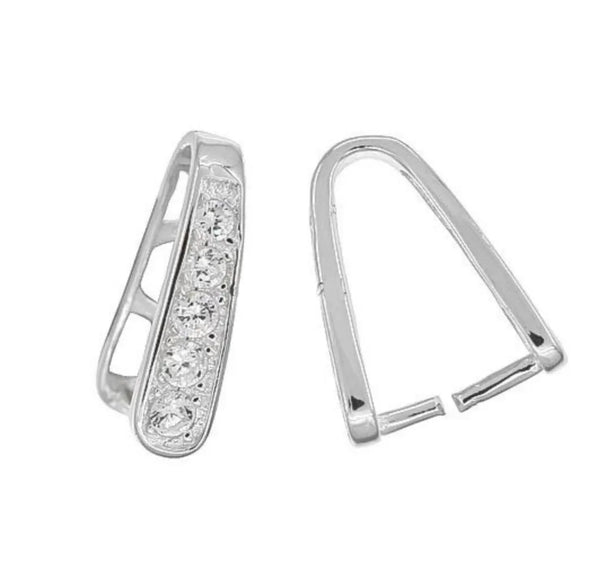 2pcs Sterling Silver Pinch Bail, Pendant Clasp, Tarnish Resistant Rhodium Plated, Cubic Zirconia CZ, 12.5x11.2mm, SS41-3