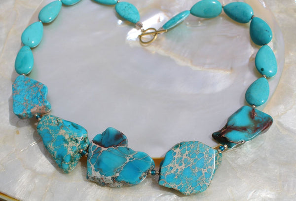 5pcs Natural Grade A Turquoise Blue Impression Aqua Terra Jasper Beads, Large Flat Slab Gemstone Beads, Smooth Free Form, 15-45mm, Hole ID 1mm, GX7