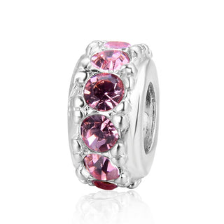 1pc 925 Sterling Silver October Birthstone Bead Charm, Pink Tourmaline Cubic Zirconia CZ, 9.5x5mm, Hole ID 4.5mm, EC1-C10
