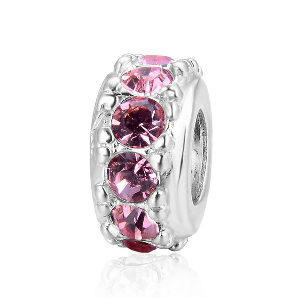 1pc 925 Sterling Silver October Birthstone Bead Charm, Pink Tourmaline Cubic Zirconia CZ, 9.5x5mm, Hole ID 4.5mm, EC1-C10
